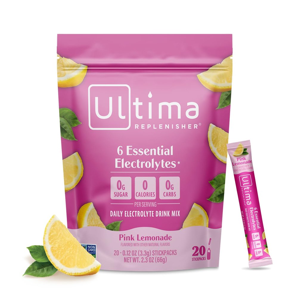 Ultima Replenisher Daily Electrolyte Powder Pink Lemonade, 20 Stickpacks Zero Sugar Hydration Packets with 6 Electrolytes and Minerals Sugar Free, Plant Based & Keto Friendly Drink Mix