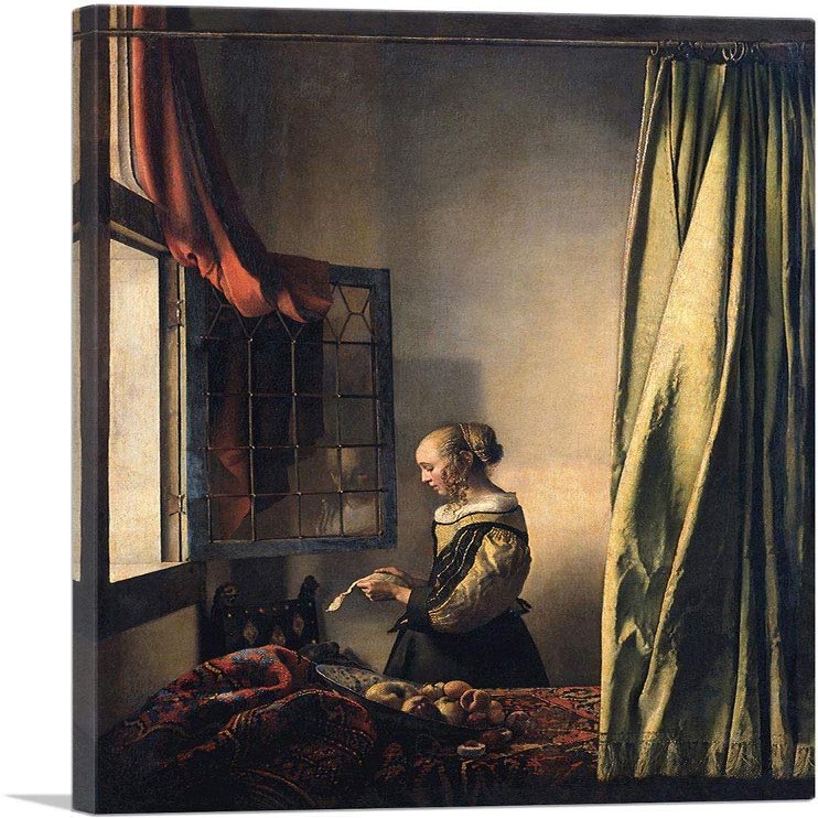 ARTCANVAS Girl Reading a Letter By An Open Window Canvas Art Print Stretched Framed Painting Picture Poster Giclee Wall Decor by Johannes Vermeer - 18" x 12" (1.50" Deep)