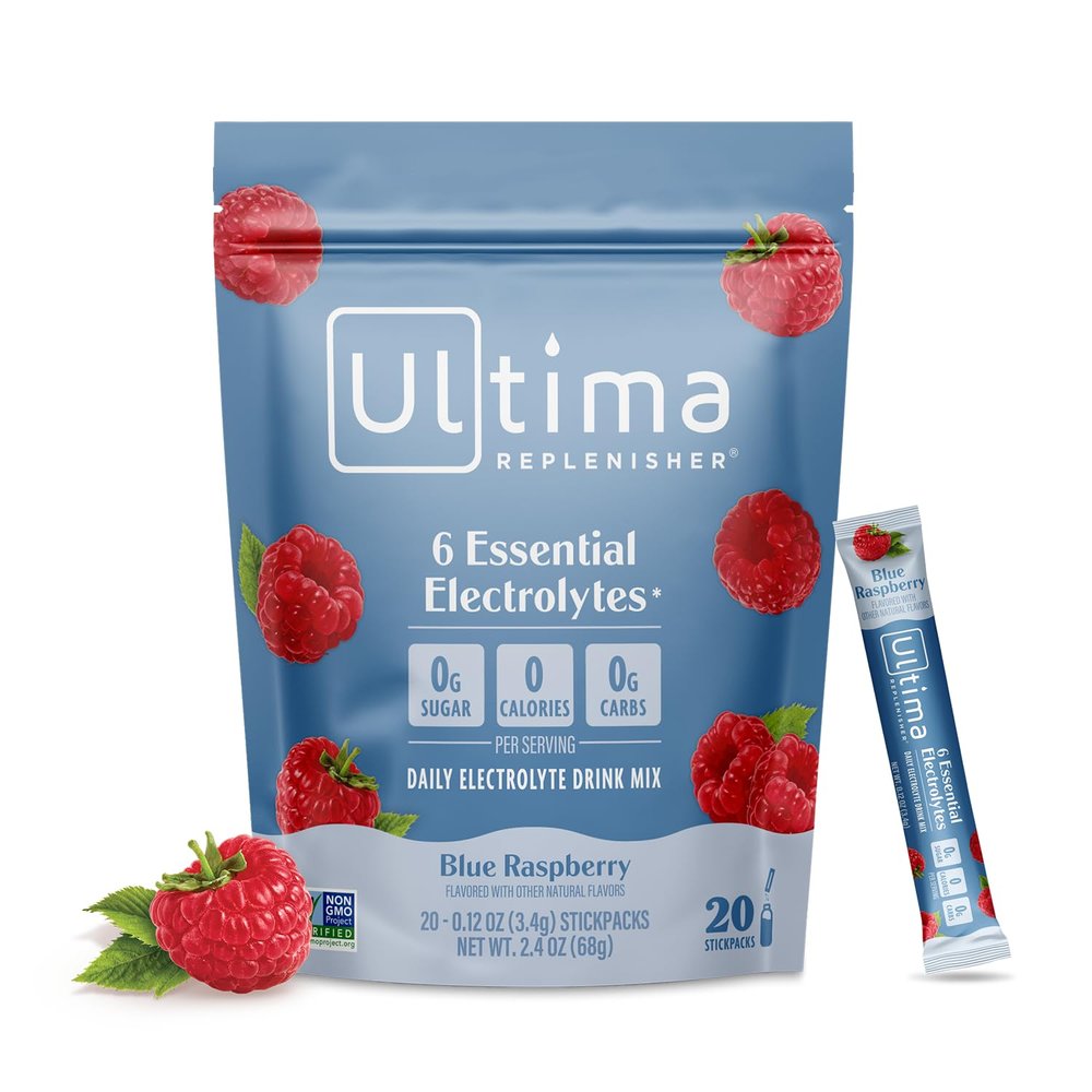 Ultima Replenisher Daily Electrolyte Powder Blue Raspberry, 20 Stickpacks Zero Sugar Hydration Packets with 6 Electrolytes and Minerals Sugar Free, Plant Based & Keto Friendly Drink Mix