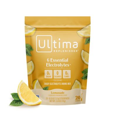 Ultima Replenisher Daily Electrolyte Powder Lemonade, 20 Stickpacks Zero Sugar Hydration Packets with 6 Electrolytes and Minerals Sugar Free, Plant Based & Keto Friendly Drink Mix
