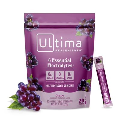 Ultima Replenisher Daily Electrolyte Powder Grape, 20 Stickpacks Zero Sugar Hydration Packets with 6 Electrolytes and Minerals Sugar Free, Plant Based & Keto Friendly Drink Mix