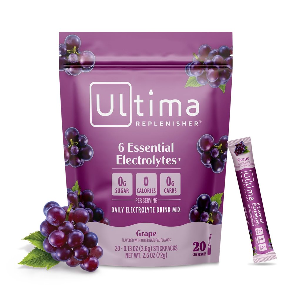 Ultima Replenisher Daily Electrolyte Powder  Grape, 20 Stickpacks  Zero Sugar Hydration Packets with 6 Electrolytes and Minerals  Sugar Free, Plant Based & Keto Friendly Drink Mix