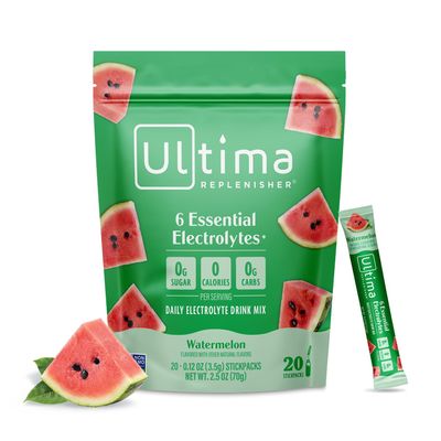 Ultima Replenisher Daily Electrolyte Powder Watermelon, 20 Stickpacks Zero Sugar Hydration Packets with 6 Electrolytes and Minerals Sugar Free, Plant Based & Keto Friendly Drink Mix