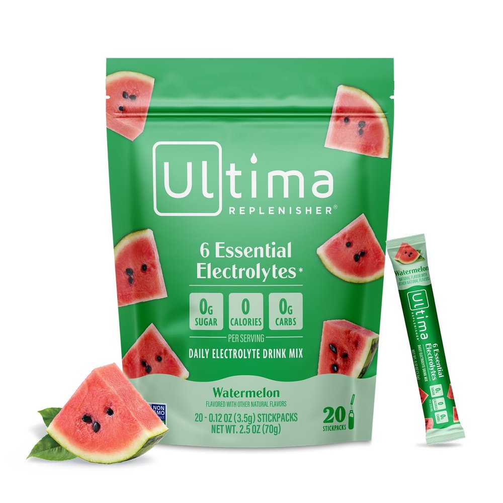 Ultima Replenisher Daily Electrolyte Powder  Watermelon, 20 Stickpacks  Zero Sugar Hydration Packets with 6 Electrolytes and Minerals  Sugar Free, Plant Based & Keto Friendly Drink Mix