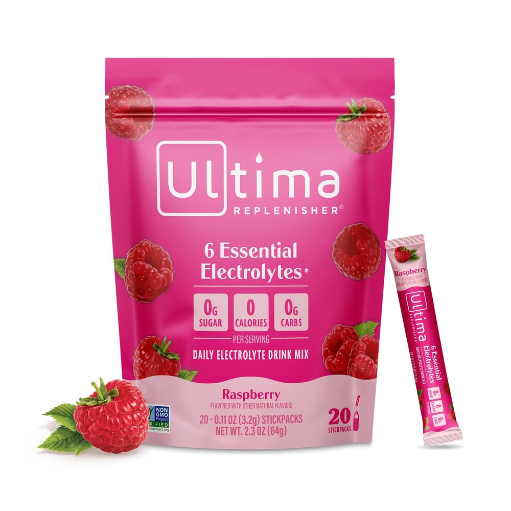 Ultima Replenisher Daily Electrolyte Powder Raspberry, 20 Stickpacks Zero Sugar Hydration Packets with 6 Electrolytes and Minerals Sugar Free, Plant Based & Keto Friendly Drink Mix