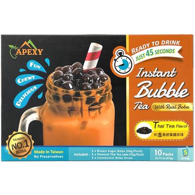 Bubble Tea COMPLETE SET. BEST DIY Boba/Bubble Tea Kit, Ready In 45 Seconds, 5 Packs Milk Tea Powder + 5 Packs Brown Sugar Tapioca Pearls+ 5 Bubble tea Straws By APEXY, Thai Tea