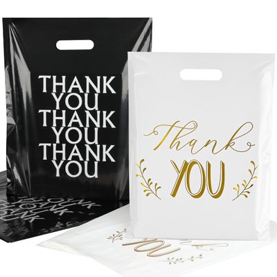 POPGIFTU Thank You Bags Bulk 100 Pack - 12"x15" Black & White Plastic Shopping Bags with Die Cut Handles, Thick Retail Merchandise Bag for Small Businesses, Boutiques, Gifts, Clothing