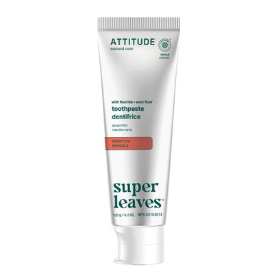Attitude Sensitive Toothpaste with Fluoride, Spearmint Flavor, Vegan & Cruelty-Free, Sugar-Free, Plant & Mineral-Based Ingredients, Clean Oral Care, 4.2 Oz
