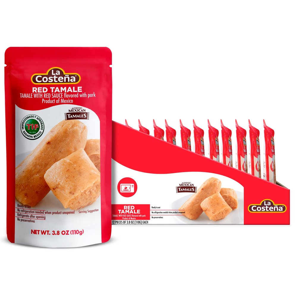 La Costea Red Tamales - Made with Pork, Red Sauce & Masa Corn Meal - Microwavable Ready to Eat Meals No Refrigeration - Premade Easy Meals - Instant Lunch To Go - Mexican Food - 3.8 oz, 12 Pack