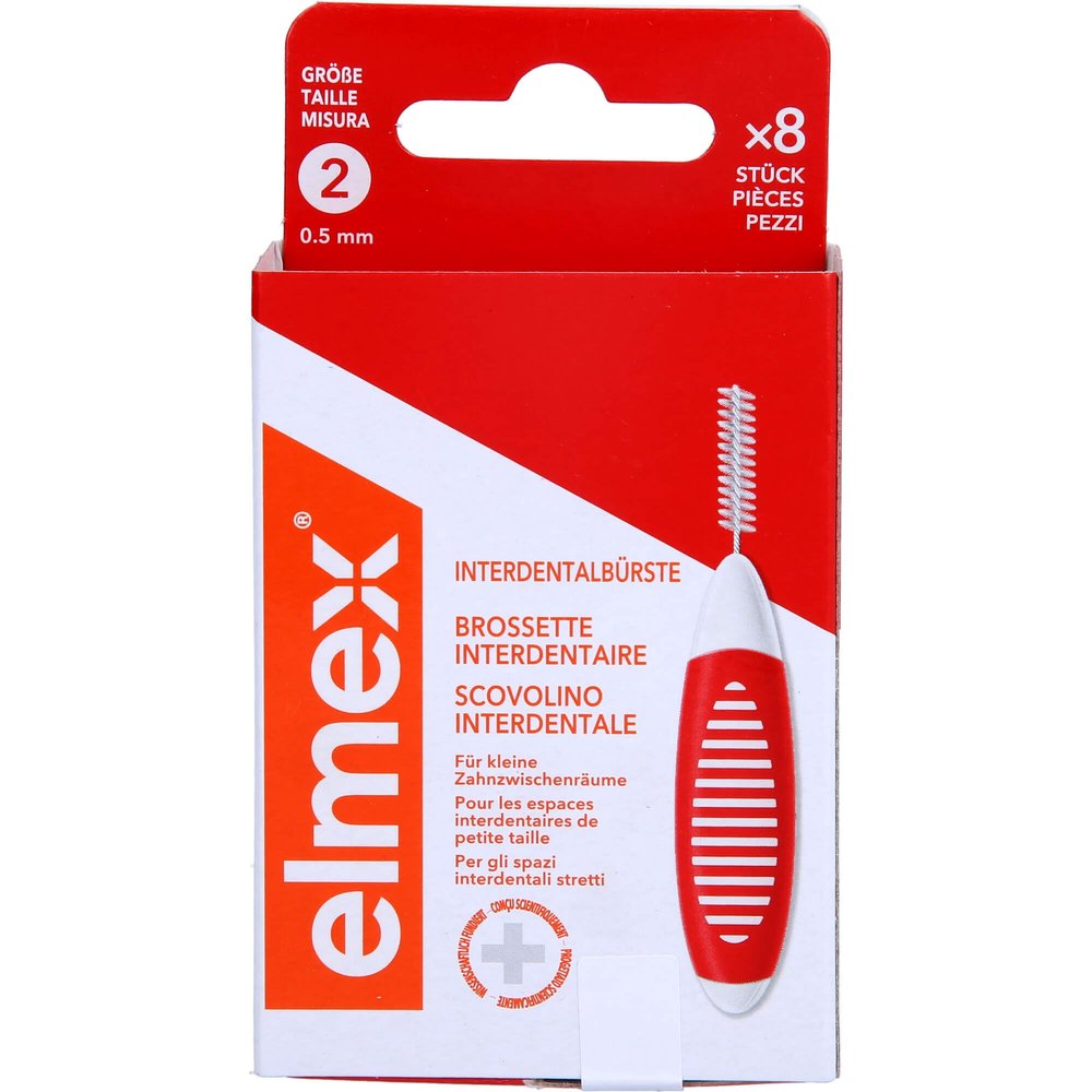 elmex Interdental Brush Red (Size 2, 0.50 mm), 1 x 8 Interdental Brushes for Cleaning Small Interdental Spaces
