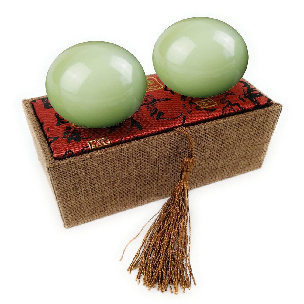 2 Inch Light Green Afghanistan Jade Baoding Balls Health Crystal Balls for Stress Relief, Exercise, and Hand Therapy, Chinese Natural Stone Handballs with Carry Pouch (Box-Packed) M10