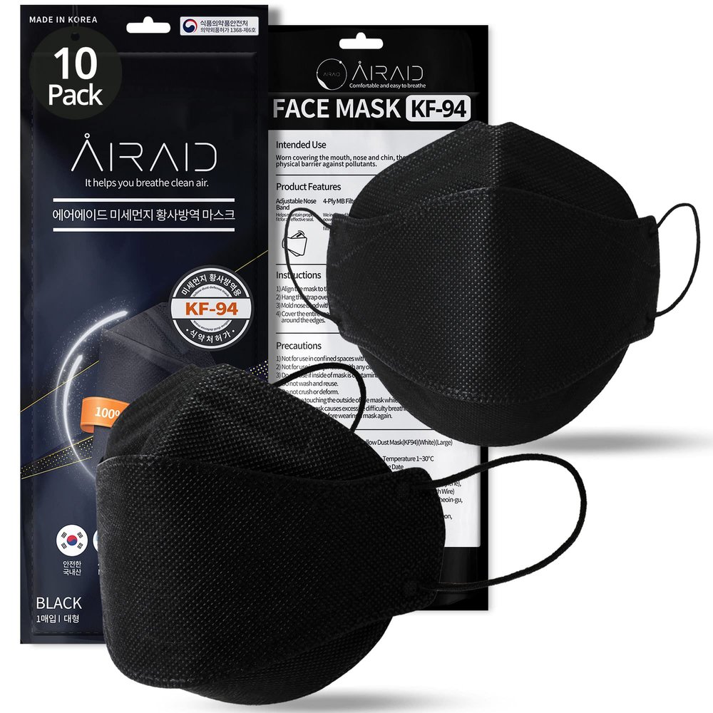 AIRAID-KF94 [Individually Wrapped] - Made in Korea, 4-Layer Filter, 3D Face Mask, Black, White, Adult and Older Teens (Black-10P)