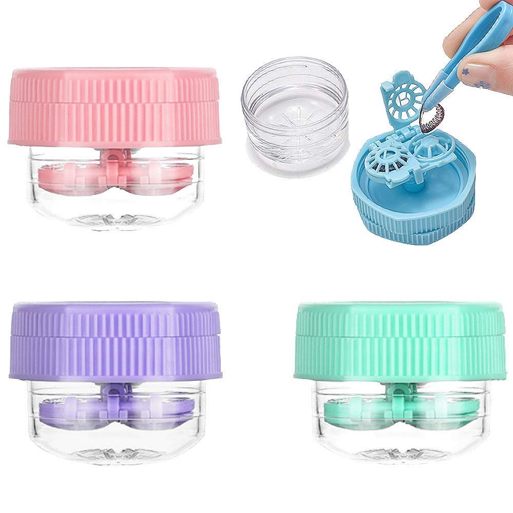 Qiviya Manually Contact Lens Cleaner Washer,Portable Contact Lens Cleaning Container,Mini Plastic Cleaning Contacts Box,Contact Lens Cleaning Case for Travel,Home,Outdoor. (Pink&Blue&Purple)