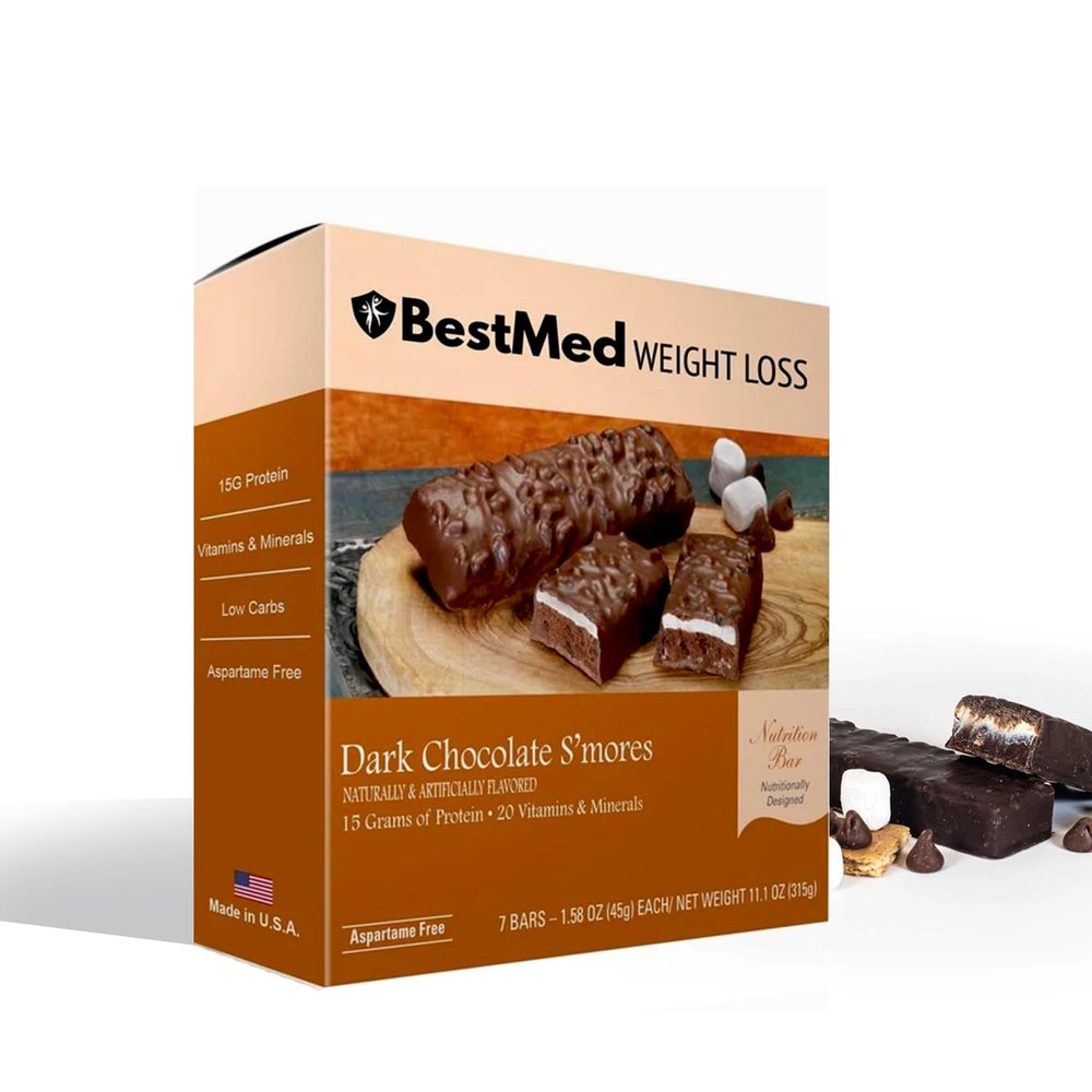 BestMed - High Protein Nutrition Bar - Low-Carb, 15g Protein, Low Sugar, High Fiber, Low Calorie, Meal Replacement Bar (Dark Chocolate S'mores, 1 Box - 7 Count)