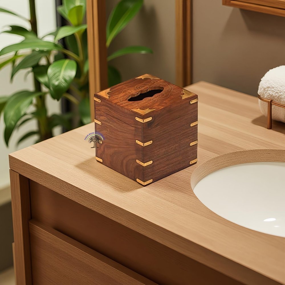 Fakhr Wood Handicrafts Wooden Tissue Box Cover with Brass Inlay Handmade Square Tissue Holder Dispenser Decorative Upright Napkin Holder for Home, Office & Table Dcor