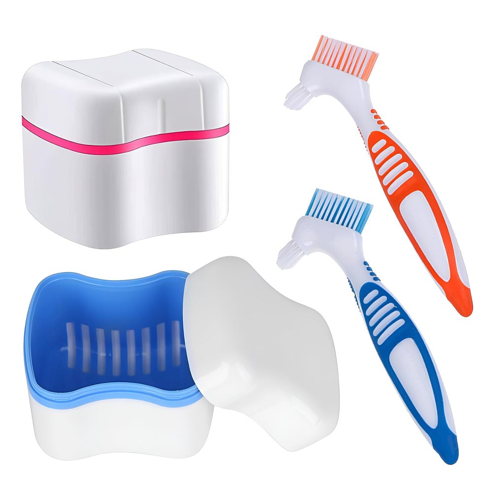 Denture Cleaner Box and Brush Set - 2 Pack Denture Bath Case with Basket + 2 Pack Denture Brush, Portable Denture Retainer Storage Box, False Teeth Brushes for Oral Care (Blue and Red)