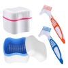 Denture Cleaner Box and Brush Set - 2 Pack Denture Bath Case with Basket + 2 Pack Denture Brush, Portable Denture Retainer Storage Box, False Teeth Brushes for Oral Care (Blue and Red) view 1