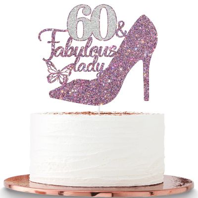 Dalaber 60 & Fabulous Cake Topper, Happy 60th Birthday Party Decoration Supplies Photo Booth Props, 60 & Fabulous Lady Cake Decor - Purple Glitter