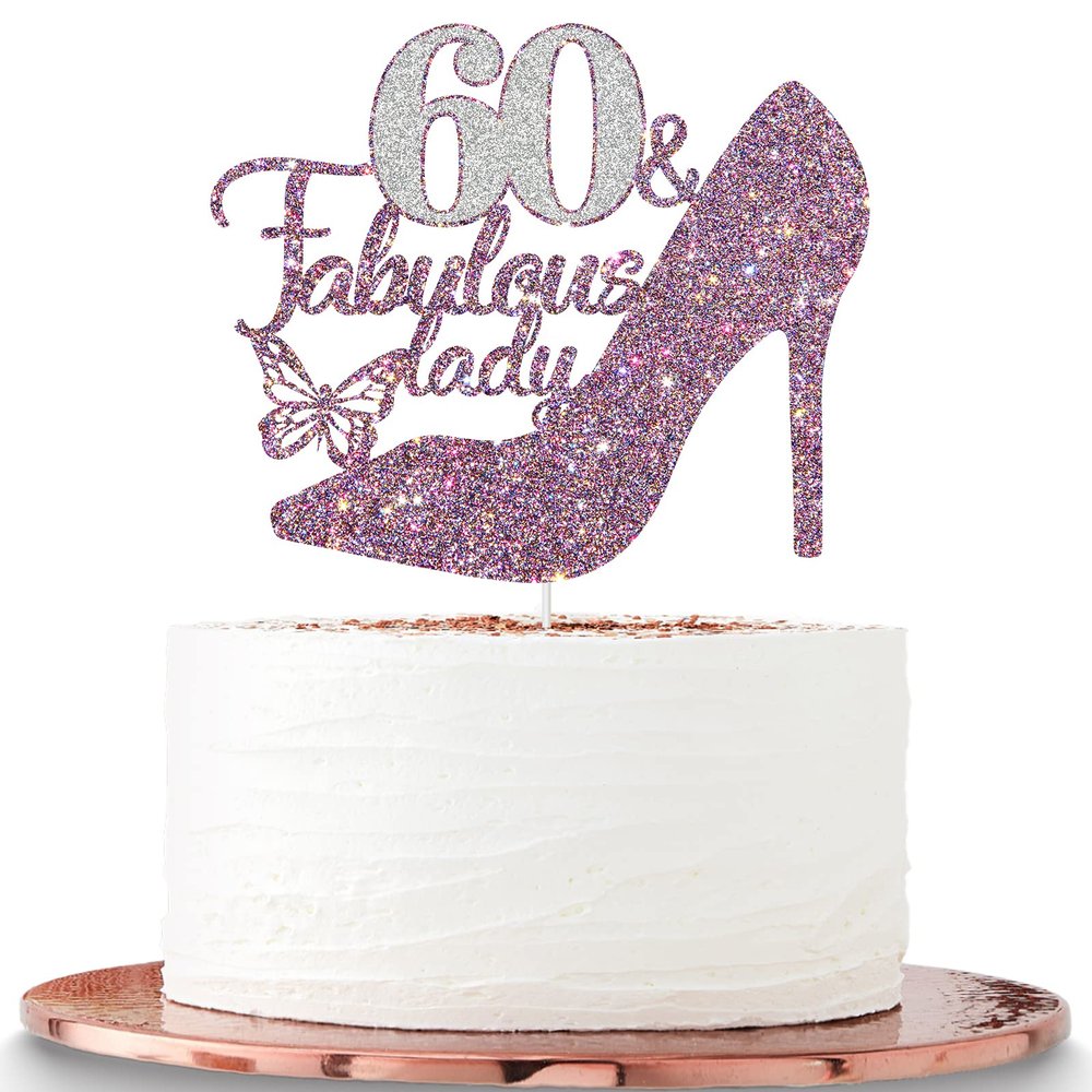 Dalaber 60 & Fabulous Cake Topper, Happy 60th Birthday Party Decoration Supplies Photo Booth Props, 60 & Fabulous Lady Cake Decor - Purple Glitter