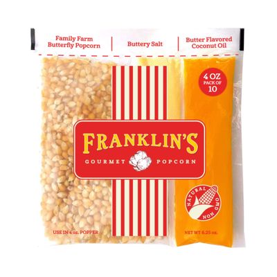 Franklins Gourmet Popcorn All-In-One Popcorn Packs for Popcorn Machine - 4oz Pack of 10 - Made in USA - Packs of Corn Kernels with Buttery Salt & Oil