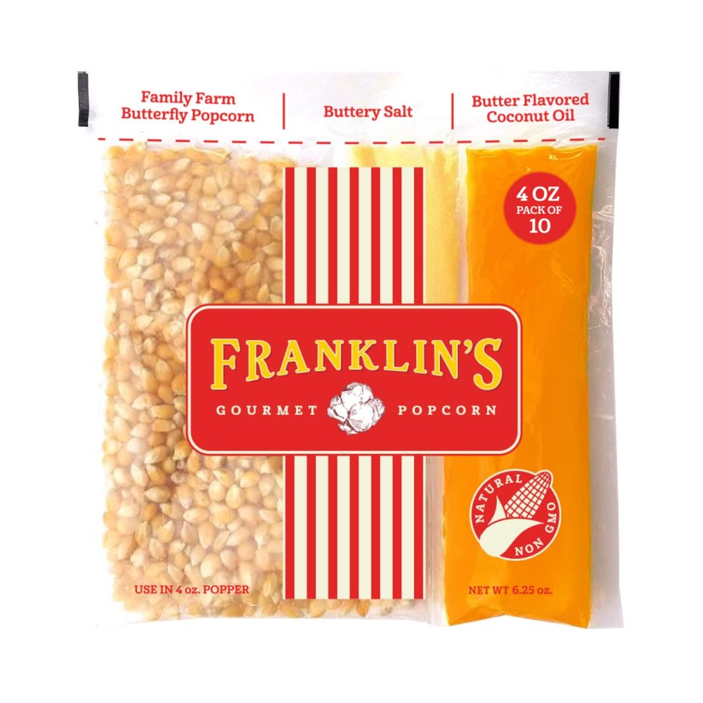 Franklins Gourmet Popcorn All-In-One Popcorn Packs for Popcorn Machine - 4oz Pack of 10 - Made in USA - Packs of Corn Kernels with Buttery Salt & Oil