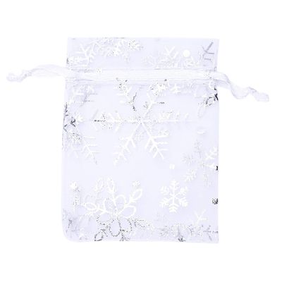 100 PCS Wedding Gift Bags Drawstring Jewelry Bags Silver White Snowflakes Sheer Favor Bags