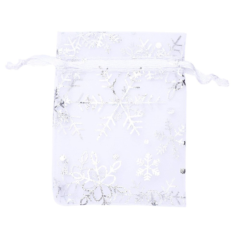 100 PCS Wedding Gift Bags Drawstring Jewelry Bags Silver White Snowflakes Sheer Favor Bags