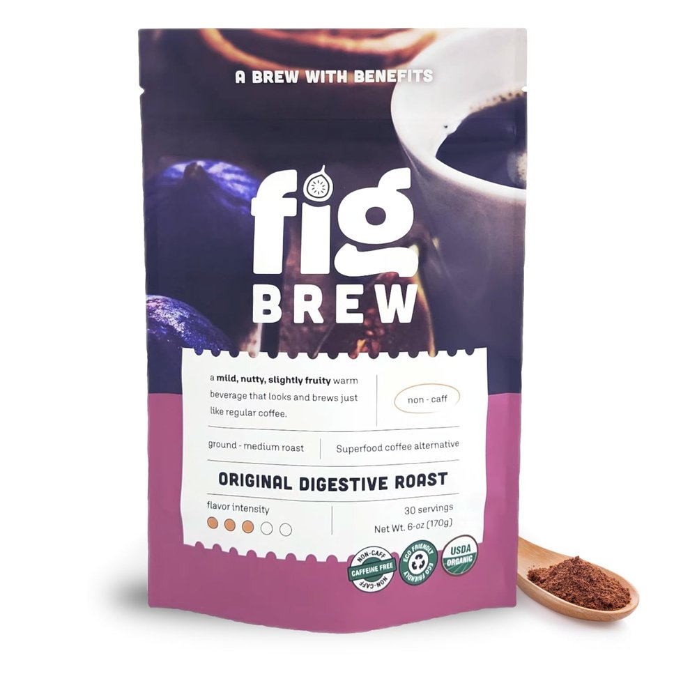 FigBrew Coffee Alternative, Original Digestive Roast, Adaptogen-free, Caffeine-free, Ground, Medium Roast, 6-oz, 30 servings, 100% pure fig, USDA Organic, Made in USA