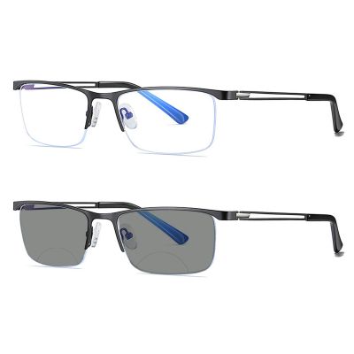 COTIA/Bifocal Photochromic Men's Business Fashion Metal Half-frame Reading Glasses (black, 2.75)