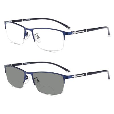 COTIA Photochromic Bifocal Reading Glasses, Ultra-light Alloy Men's Business Half-frame and Full-frame (blue/half frame, 0)