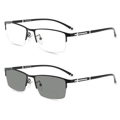 COTIA Photochromic Bifocal Reading Glasses, Ultra-light Alloy Men's Business Half-frame and Full-frame (black/half frame, 1.25)