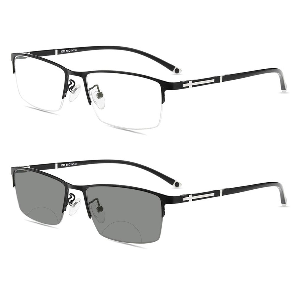 COTIA Photochromic Bifocal Reading Glasses, Ultra-light Alloy Men's Business Half-frame and Full-frame (black/half frame, 1.25)
