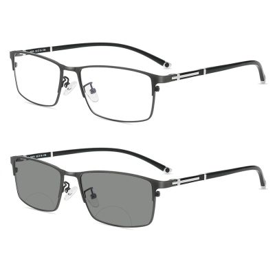 COTIA Photochromic Bifocal Reading Glasses, Ultra-light Alloy Men's Business Half-frame and Full-frame (gun/full frame, 1.0)