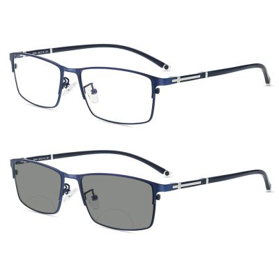 COTIA Photochromic Bifocal Reading Glasses, Ultra-light Alloy Men's Business Half-frame and Full-frame (blue/full frame, 3.5)