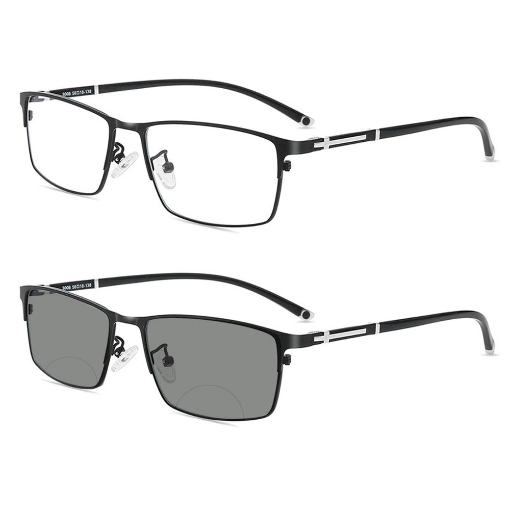 COTIA Photochromic Bifocal Reading Glasses, Ultra-light Alloy Men's Business Half-frame and Full-frame (black/full frame, 1.5)