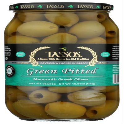 Tassos Green Pitted Mammoth Greek Olives (35.27oz) 1 Liter Jar