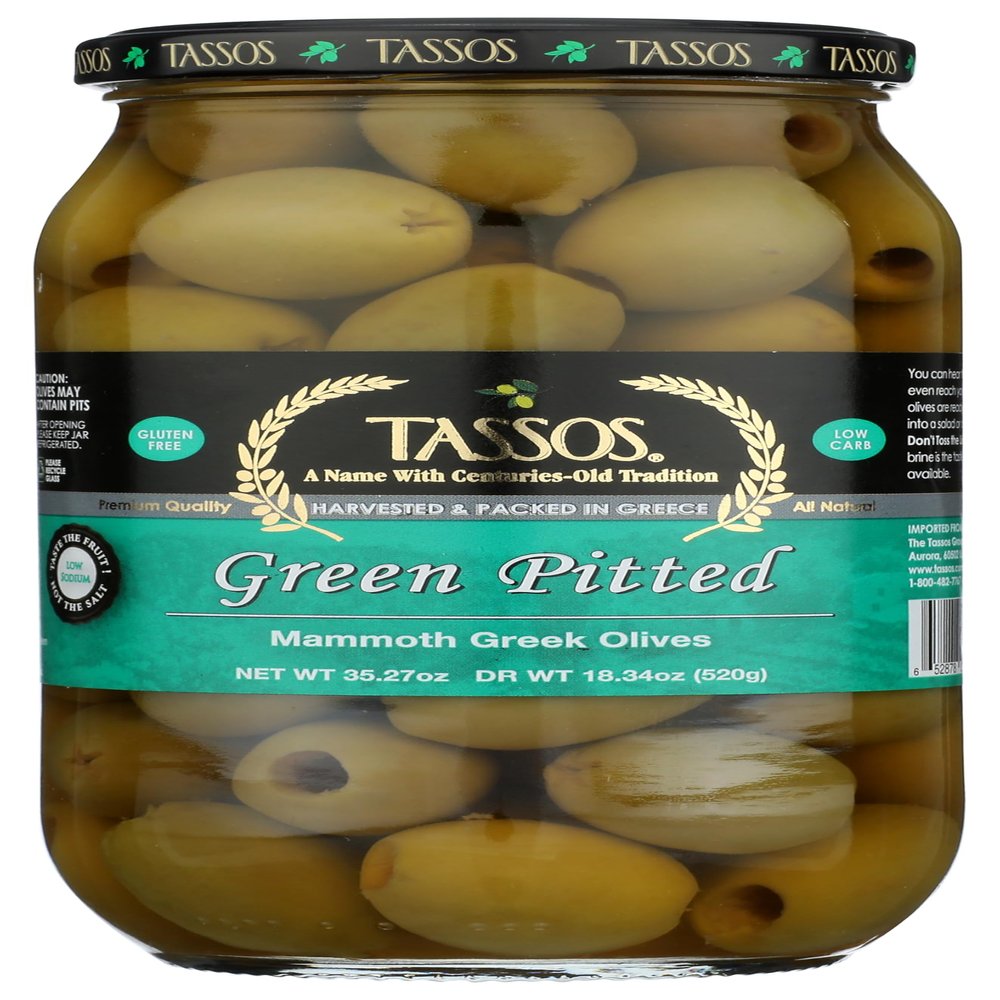 Tassos Green Pitted Mammoth Greek Olives (35.27oz) 1 Liter Jar