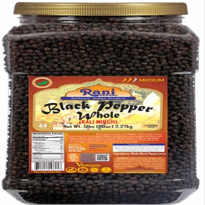 Rani Black Pepper Whole (Peppercorns), Premium MG-1 Grade 80oz (5lbs) 2.27kg Bulk PET Jar ~ All Natural | Gluten Friendly | Non-GMO | Kosher | Product of Vietnam | Perfect size for Grinders!