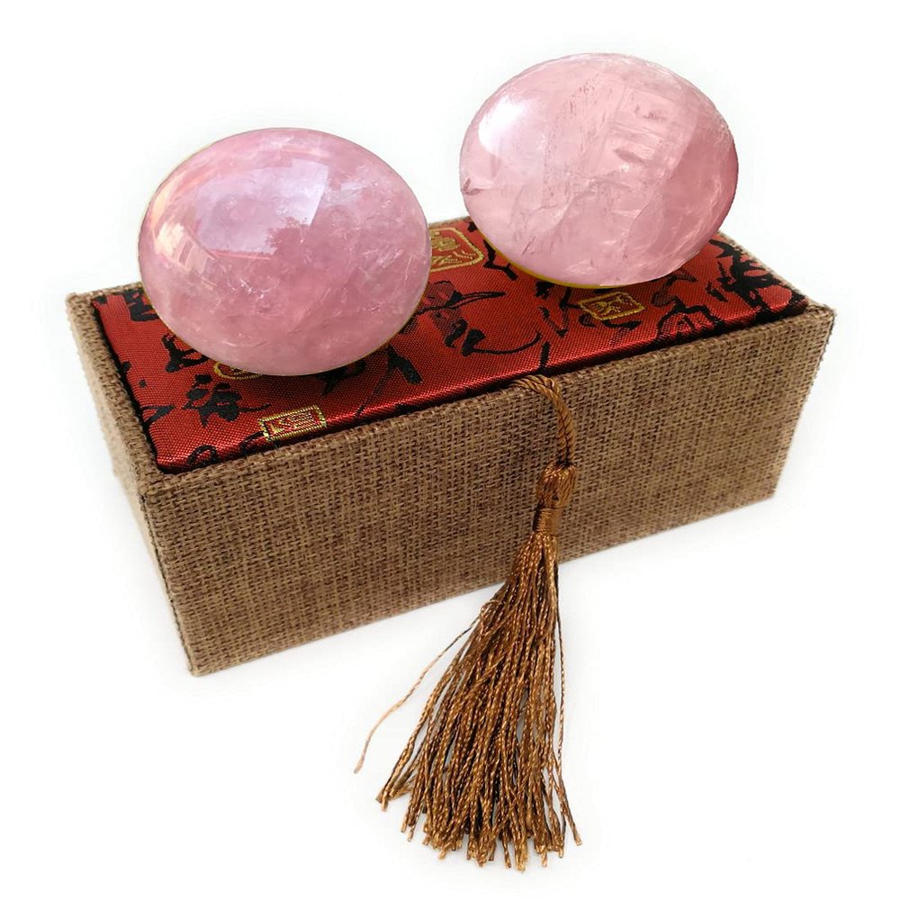 2" Rose Quartz Baoding Balls, Pink Crystal Health Stress Exercise Balls for Hand Therapy, Stress Relief and Exercise, Natural Quartz Sphere Gemstone Handballs with Carry Pouch (Box-Packed) M9