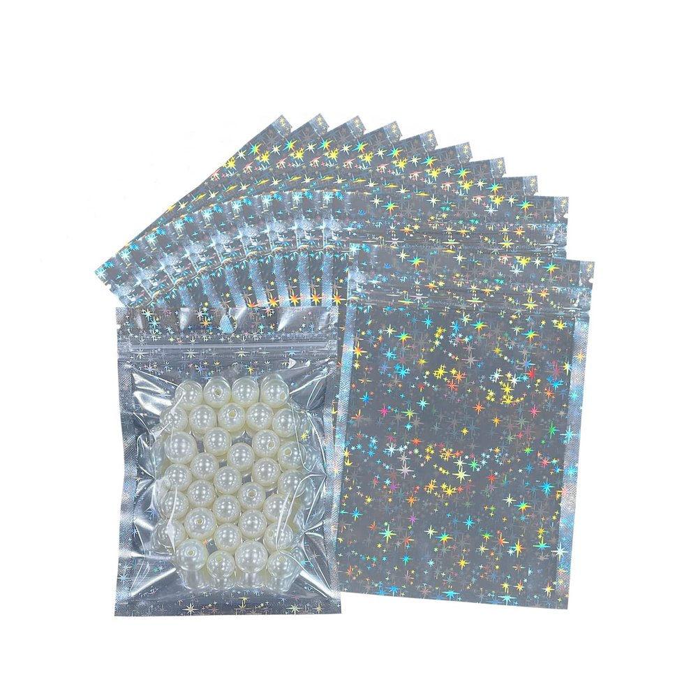 100pcs Holographic Bags 4x6 inch, Star Pattern Mylar Sample Pouch Zip Foil Baggies For Packaging Candy Jewelry Lash Lip Gloss