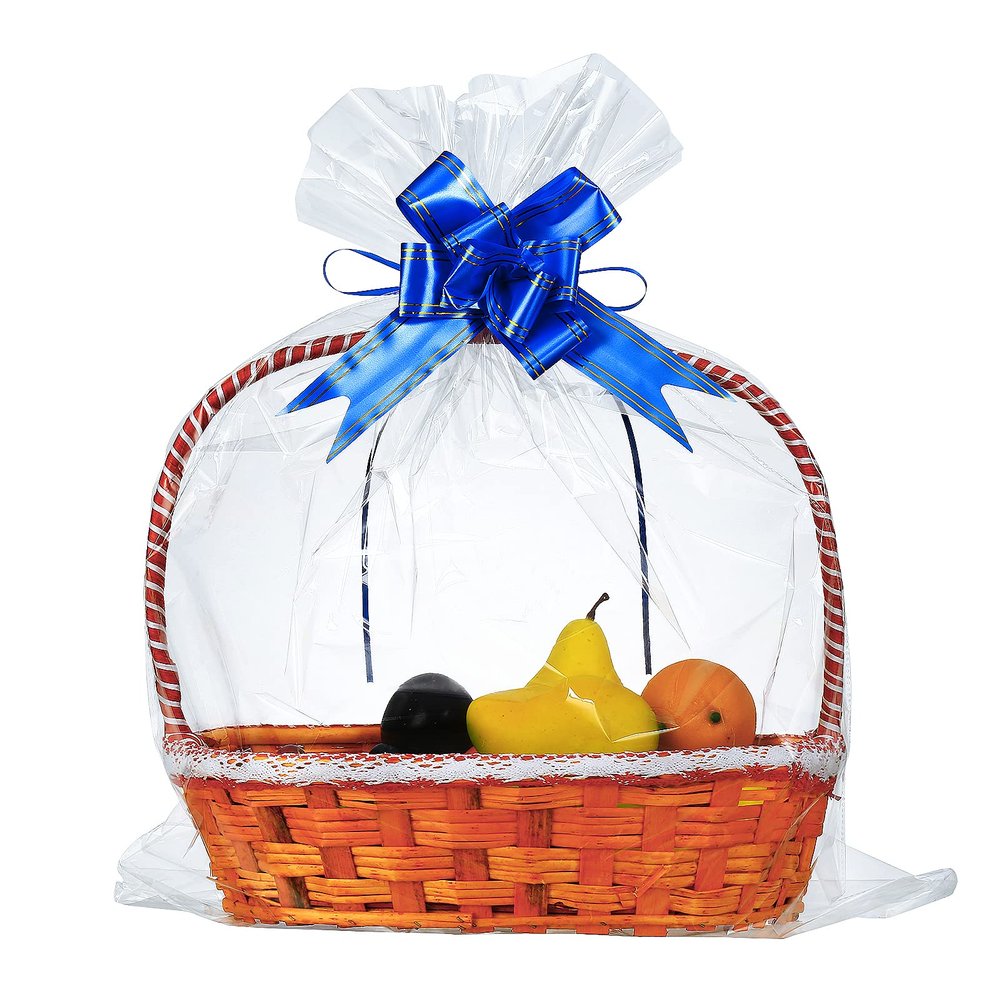 50 Packs Large Cellophane Bags 24 x 30 Clear Cellophane Gift Basket Wraps Extra-large 2.3 Mil Thick Transparent Cello Bags for Fruit Basket, Gift Wrap, Treats, Arts and Crafts, 50ct Ribbon Bows Blue