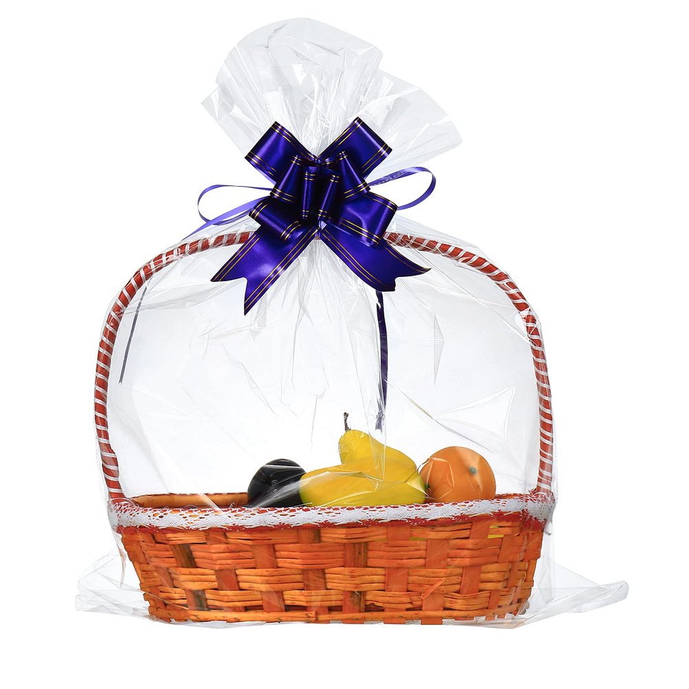50 Packs Large Cellophane Bags 24" x 30" Clear Cellophane Gift Basket Wraps Extra-large 2.3 Mil Thick Transparent Cello Bags for Fruit Basket, Gift Wrap, Treats, Arts and Crafts, 50ct Ribbon Bows Yellow