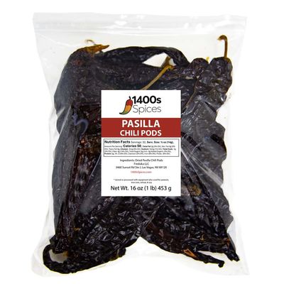 1lb Pasilla Negro Chilaca Dried Whole Chile Seco Peppers Food Service Size, Chili Pods for Authentic Mexican Food, Heat-Sealed Resealable Bag by 1400s Spices