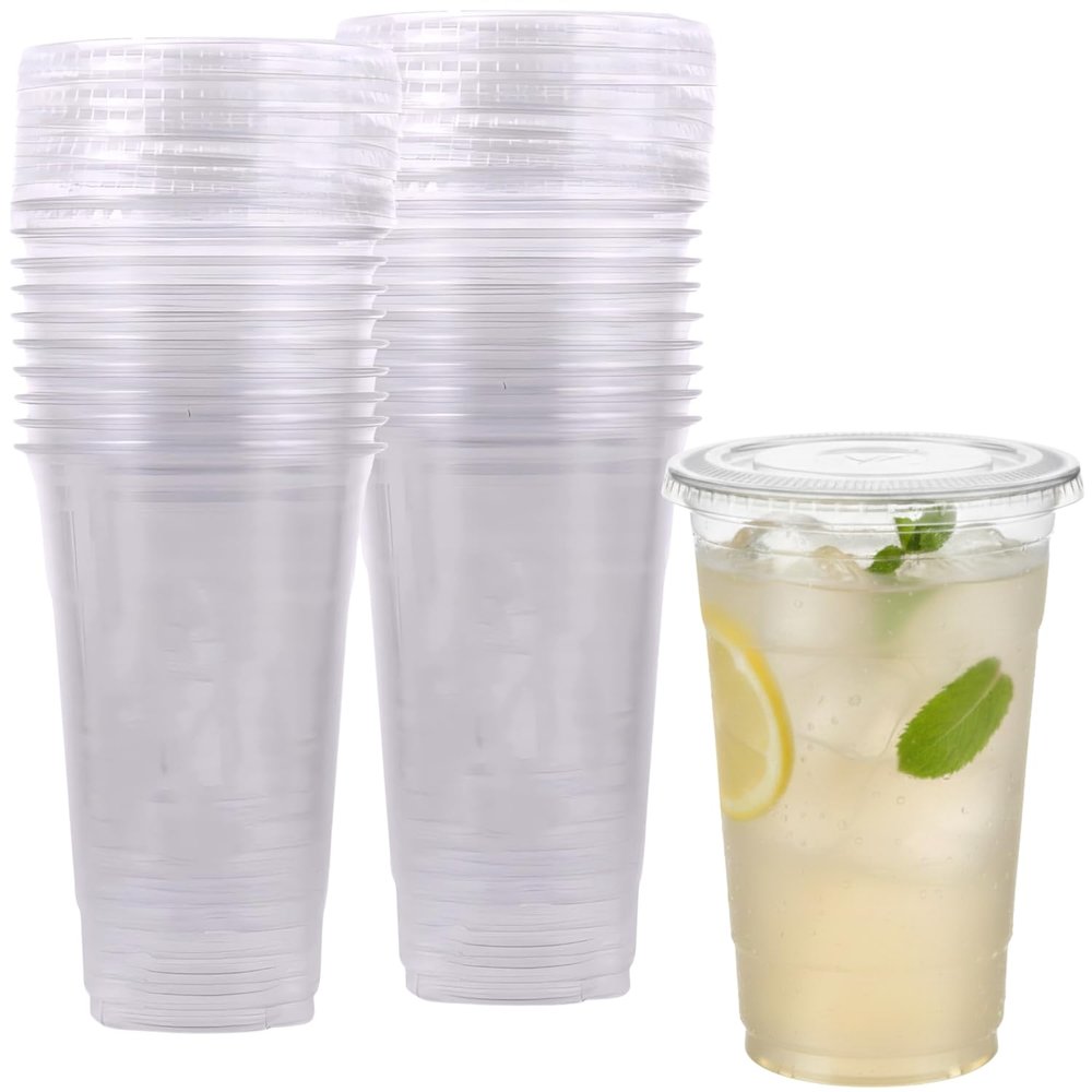 [24 oz - 24 Pack] Large Clear Plastic Cold Drink Cups With Flat Slotted Lids For Iced Coffee Tea Smoothie Slush Bubble Boba BPA Free