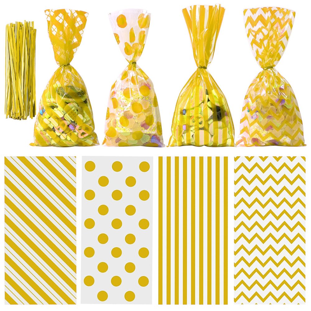 Aneco 100 Pack Gold Cellophane Bags 10.6 x 5.1 Inch Plastic Candy Bags Gift Bag Goodie Bag with Twist Ties for Valentine, Birthday, Gift Cookie Snack Packing Party Favor Supplies