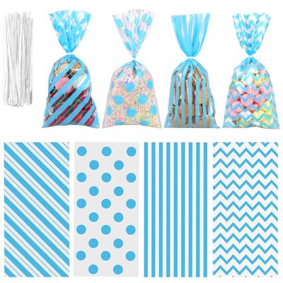 Aneco 100 Pack Blue Cellophane 10.6 x 5.1 Inch Plastic Candy Gift Goodie with Twist Ties for Valentine, Birthday, Gift Cookie Snack Packing Party Favor Supplies