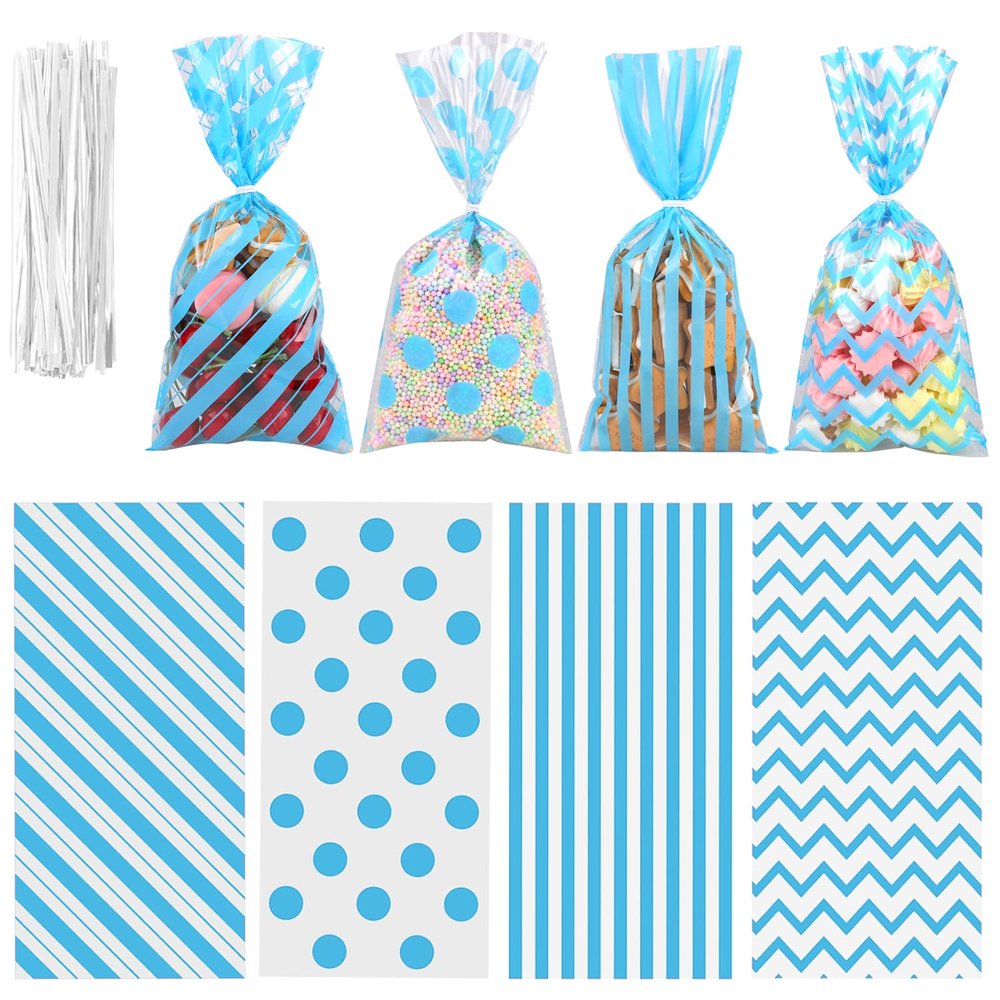 Aneco 100 Pack Blue Cellophane 10.6 x 5.1 Inch Plastic Candy Gift Goodie with Twist Ties for Valentine, Birthday, Gift Cookie Snack Packing Party Favor Supplies