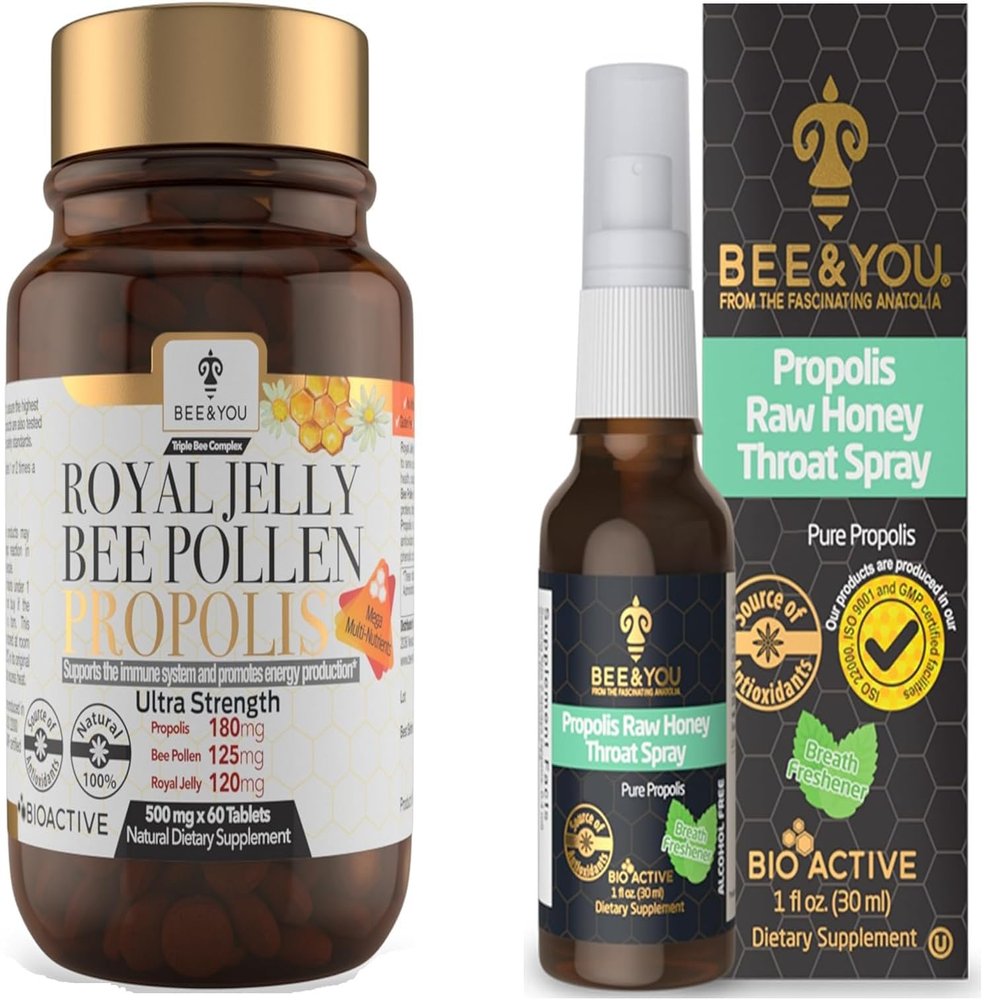 BEE and You Bundle: Royal Jelly Bee Pollen Propolis Extract Tablets and Pure Propolis Raw Honey Throat Spray, Immune Support, Superfood, Antioxidants