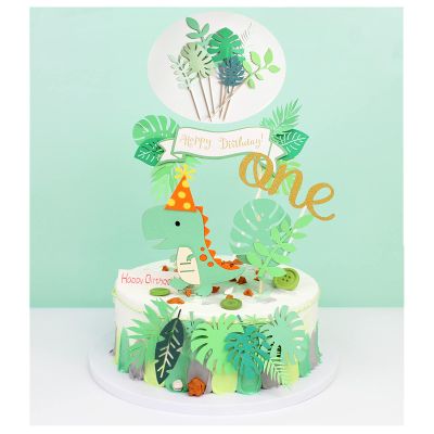 12 Pcs Dinosaur First Birthday Cake Toppers Green Leaf Sequins Golden One Cupcake Toppers Banner Glitter 1st Happy Birthday Dessert Cake Decorations for Baby Shower Celebration Party Supplies Favors