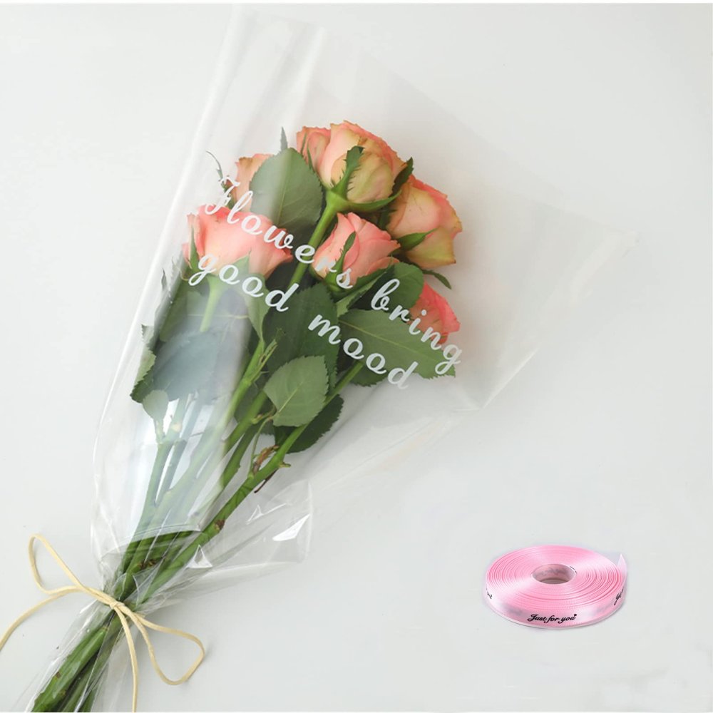 ALL SPECIAL 50 Transparent Bouquet Wrapping Bags for Valentine's Day, Mother's Day, Rose Packaging Cellophane Bags, Florist Floral Arrangement Wrap Paper for Party Birthdays Weddings